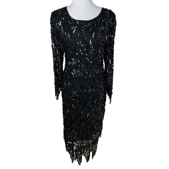 Vintage Dresses & Skirts - Vintage Sweet Love Black Silk  Beaded Sequin Dress Sheer Sleeves L Whimsy Goth